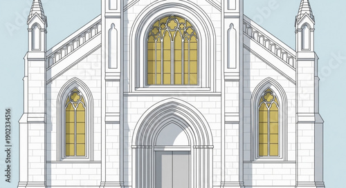 Gothic church facade with white stone and yellow stained glass windows on light blue background