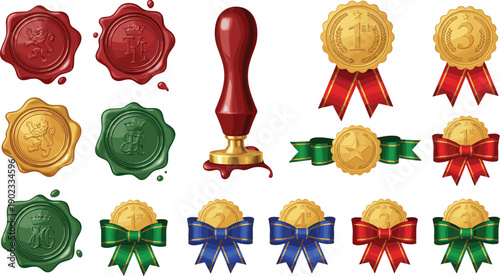Wax Seal Stamps and Award Medals with Ribbons Collection Isolated on White Background Vector Illustration Set