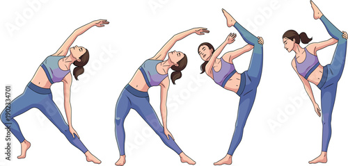 Young Woman Practicing Yoga Stretching Poses Sequence Isolated on White Background Vector Illustration Set