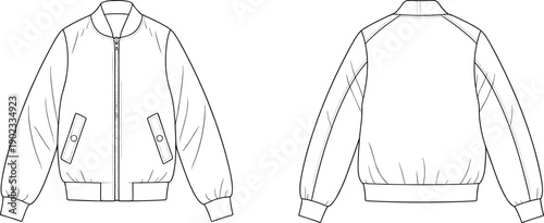 Classic bomber jacket technical flat sketch, front and back view, fashion vector template, apparel design illustration, outerwear clothing construction drawing