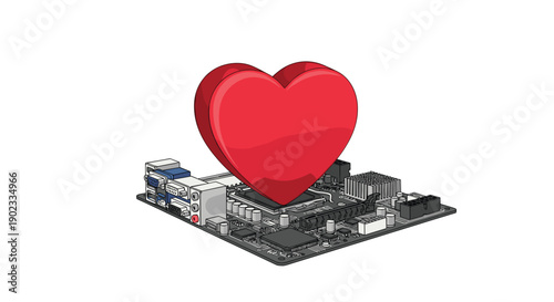 Large Red Heart Figure Sitting on a Computer Motherboard for Technology and Artificial Intelligence Concept.