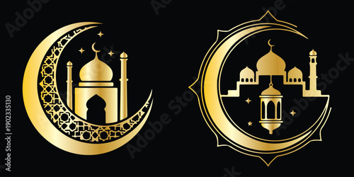 Black of mosque with crescent moon and star white with ramadan kareem text with Islamic and Faith and Worship Silhouette vector on whit Background. Islamic mosque silhouette crescent moon vector