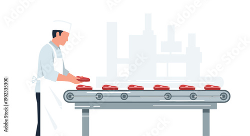Worker in White Uniform Placing Raw Meat Steaks on a Factory Conveyor Belt for Food Production Industry.
