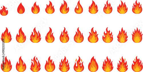 Collection of twenty-seven flat design vector flame icons in various sizes and shapes, representing fire, heat, warmth, ignition, energy, danger, and hot burning concepts for animation.
