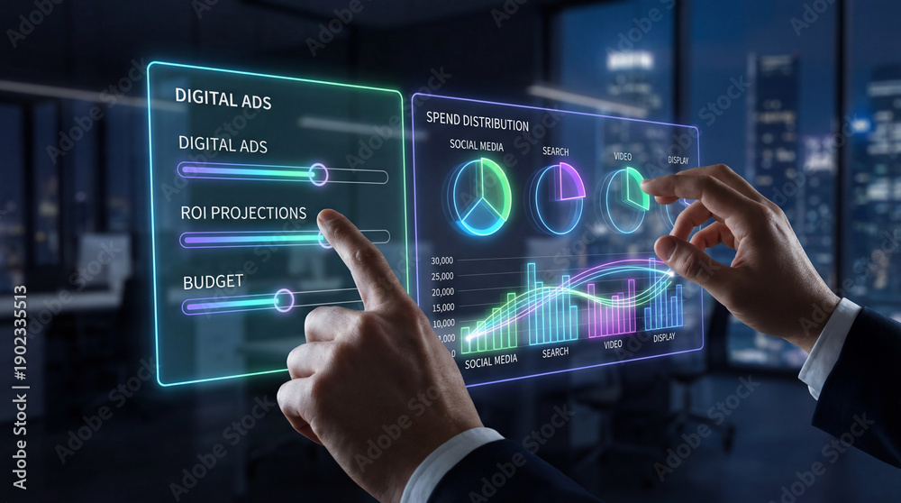 Fototapeta premium Futuristic digital interface with hands interacting, displaying digital ads, ROI projections, and budget analytics in modern office setting