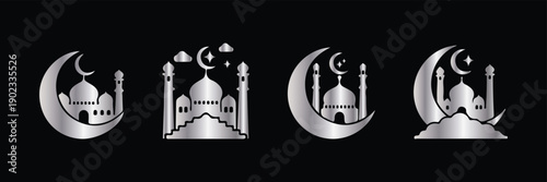 Gold Gradient Ramadan Mosque Silhouette Icons Set. Premium Islamic Ramadan Mosque and Crescent Moon Gold Icons. Ramadan kareem icons set with mosque crescent moon and star lantern white with Islamic 