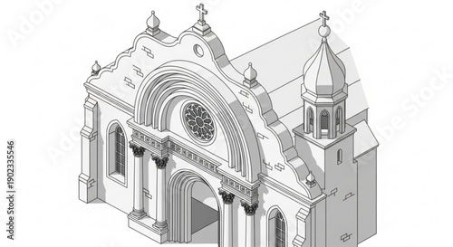Ornate church building with dome and arched entrance in architectural illustration