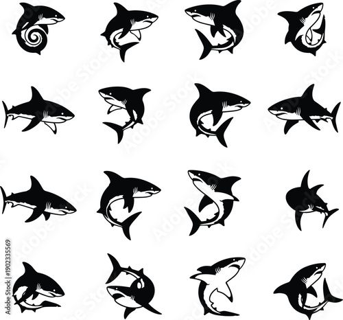 Shark marine predator silhouettes set showing swimming, turning, and hunting poses isolated on gray background for ocean wildlife illustration design