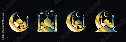 Gold Gradient Ramadan Mosque Silhouette Icons Set. Premium Islamic Ramadan Mosque and Crescent Moon Gold Icons. Ramadan kareem icons set with mosque crescent moon and star lantern white with Islamic 