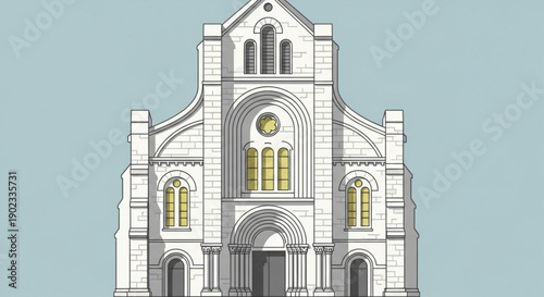 Detailed architectural drawing of a white stone building with arched windows and doorway on a light blue background