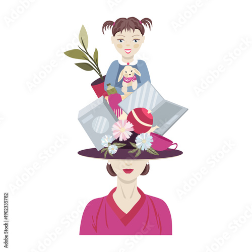 Flat vector illustration set of mother or nanny caring for children during learning, play and daily home activities representing modern childcare and family lifestyle