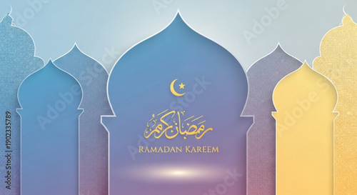 Ramadan kareem islamic archway with crescent moon and arabic calligraphy in gradient colors