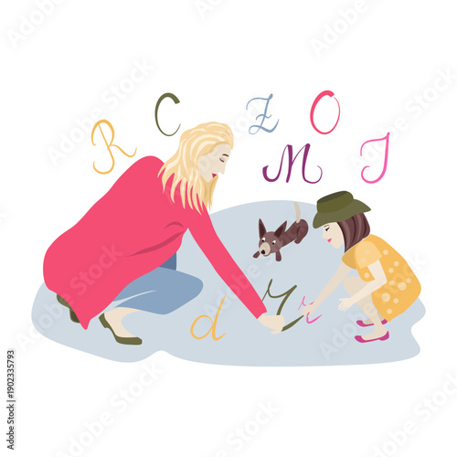 Flat vector illustration set of mother or nanny caring for children during learning, play and daily home activities representing modern childcare and family lifestyle