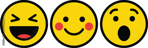 Set of yellow emoji faces showing laughing, smiling and surprised expressions, colorful cartoon emoticon icons for social media messaging, chat reactions and digital communication design
