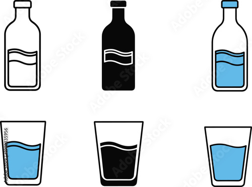 Minimalist glass and bottle beverage icons featuring water levels in outline solid and color styles for web design