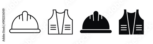 Safety equipment icons hard hat and vest in outline and filled versions