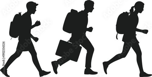 Silhouette of students walking and running with backpacks, young people going to school or college, education journey concept illustration isolated on white background.