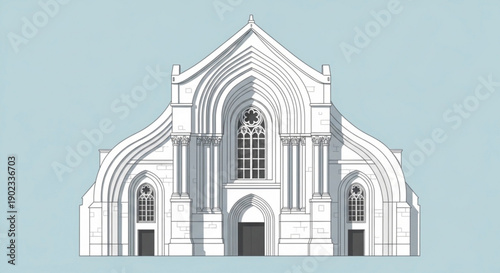 Detailed architectural drawing of a white gothic church building with arched windows and doors on a light blue background