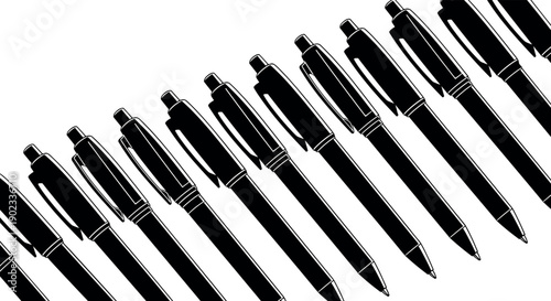 Ballpoint pen silhouette, writing instrument vector, black and white pen artwork, office supply illustration, minimal stationery design, click pen sketch