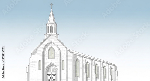 Gothic church building with steeple and cross illustration of white architecture against blue sky