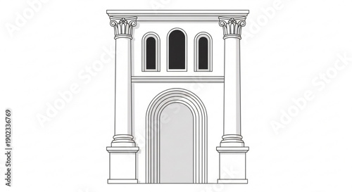 Ancient stone building facade with columns and arched doorway classic architecture design element