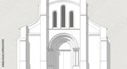 Detailed architectural drawing of a white building facade with arched doorway and windows on a light background