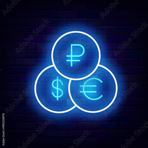 Ruble, euro and dollar change neon icon. Russia money. Financial institute. Economy emblem. Editable stroke. Vector stock illustration