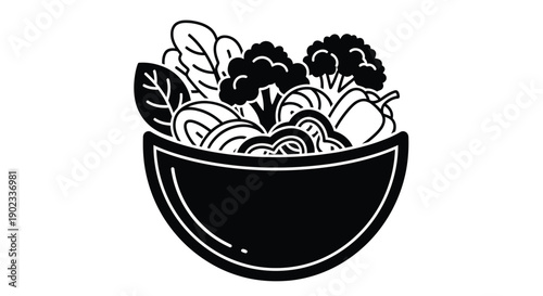 Black and white illustration of a bowl filled with various fresh vegetables
