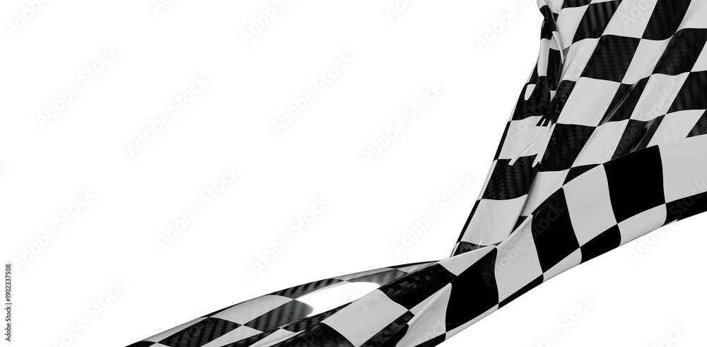Fototapeta premium Dynamic image of a checkered racing flag against a white background. This photo represents speed, competition, and the t