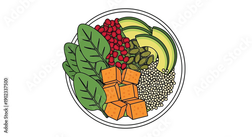 Colorful salad bowl with avocado berries tofu and seeds on a white plate