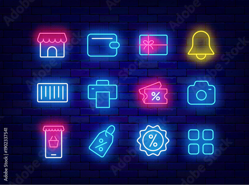 E-commerce neon icons collection. Discount, gift sign and bell. Online shopping. Phone support and on emblem. Glowing advertising. Shiny icons. Vector stock illustration