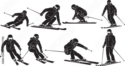 Collection of Silhouettes of a Skier in Various Poses Demonstrating Skiing Techniques and Movements