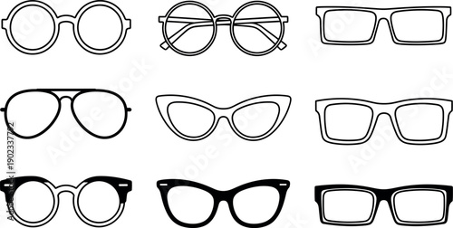 Eyeglass frame illustration, glasses vector art, optical fashion design, eyewear silhouette sketch, modern glasses artwork, minimal style drawing, eyeglass collection