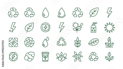 Eco-friendly icons: A collection of meticulously crafted icons embodies the essence of sustainable living, encompassing themes of renewal, environmental responsibility, and eco-conscious practices.