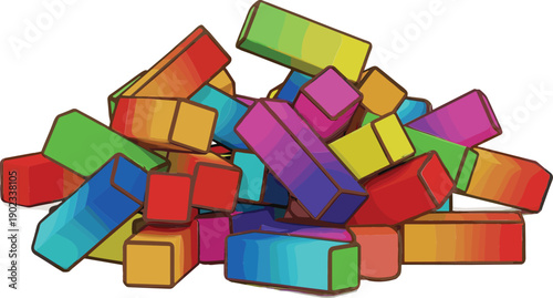 Vector illustration of a messy pile of colorful 3D rectangular blocks in a variety of bright rainbow gradients
