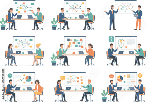 Flat vector business illustrations of diverse teams in workshops analyzing complex flowcharts data maps and presenting strategic project insights.