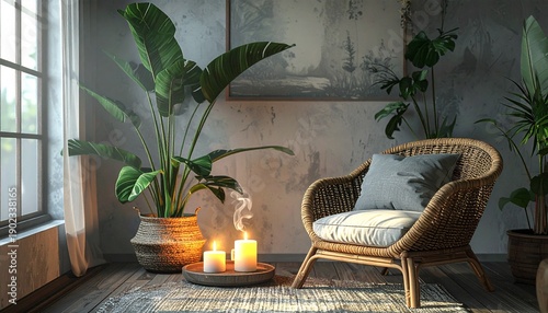 Cozy interior with plants, armchair, and candles creating a relaxing atmosphere.