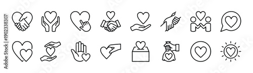 Set of heart icons representing love care donation and human connection in outline style