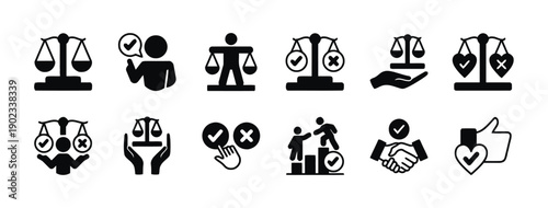 Set of icons depicting ethics integrity and decision making in business and life