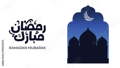 Ramadan Mubarak Illustration, Mosque Window Silhouette with Crescent Moon at Night, Islamic Night Background with Mosque and Moon