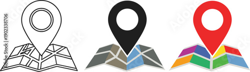 Map pointer location pin icon with abstract map in outline solid black and colorful street map variations