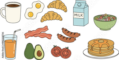 Hand-drawn vector breakfast stickers featuring coffee mugs fried eggs croissants milk cartons cereal bacon sausages avocado and pancakes.