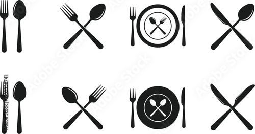 Table setting elements fork spoon knife plate crossed silverware on plate cutlery arrangement and crossed utensils