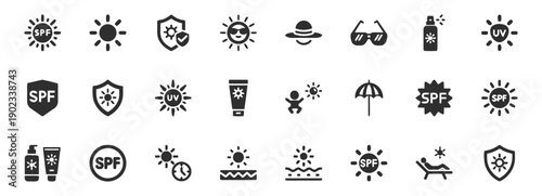 Set of sun protection icons for summer or vacation design, symbols for sunscreen, sunglasses, and UV protection
