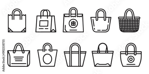 Set of ten shopping bag icons with handles and different designs for retail and e-commerce