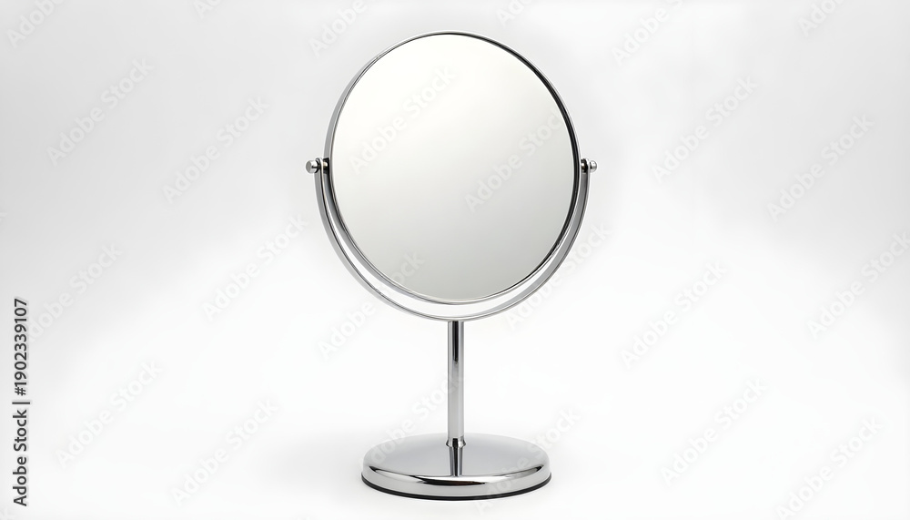 Fototapeta premium Modern chrome tabletop vanity mirror with a round reflective surface on a stand
