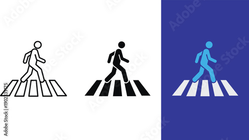 Pedestrian crossing icons, crosswalk symbol, safety and transportation concept, black white and color