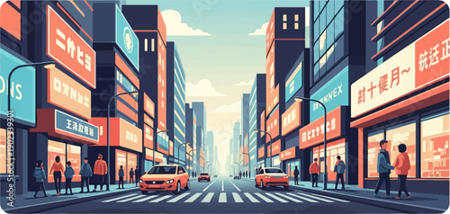 Pixel art cityscape with tall buildings, cars, and pedestrians on a street