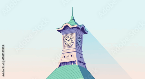 Pixel art clock tower with teal roof against a pastel sky