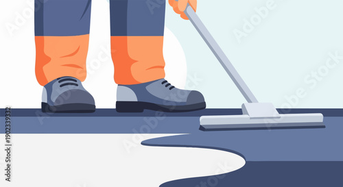 Person in orange pants and blue shoes mops up a dark liquid spill